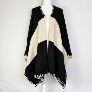 Alice + Olivia Black Open Cardigan Stitch Trim Poncho Cape OS Black Cream